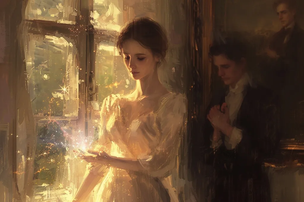 The painting depicts a woman in a white gown standing by a window, holding a glowing orb in her hands. The light from the orb casts a warm, golden glow on her and the surrounding space.  A man in a dark suit stands behind her, his face obscured by shadows. The background is a warm, inviting space with a sense of mystery and intrigue. The painting evokes a sense of wonder and magic, suggesting a story unfolding within its frame.