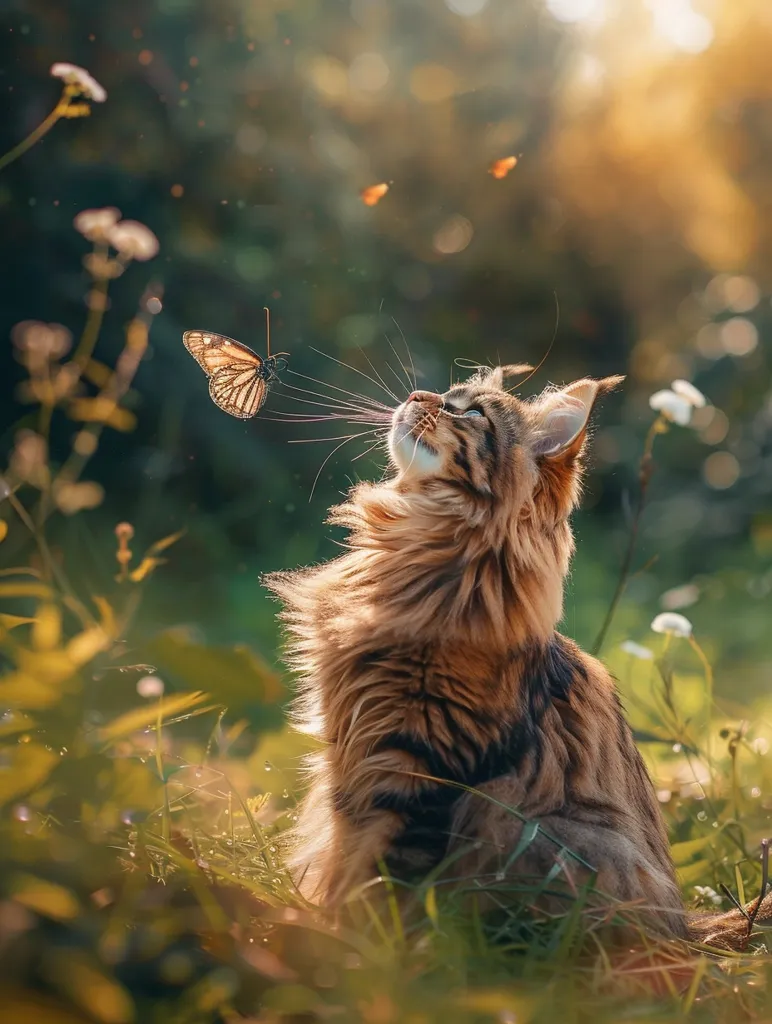 A fluffy brown tabby cat sits in a field of green grass, its head tilted upwards as it watches a butterfly flutter above. The sun shines through the tall blades of grass, creating a warm and inviting atmosphere. The cat's expression is one of curiosity and wonder, as if it is mesmerized by the butterfly's graceful flight. The image captures a moment of peaceful coexistence between nature and a beloved pet.