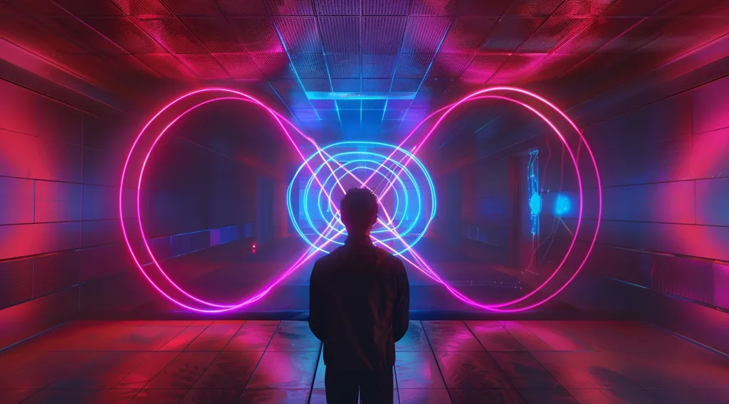A lone figure stands in the center of a dark room illuminated by glowing neon lights. The room is filled with pink and blue neon circles, creating a surreal and futuristic atmosphere. The figure is silhouetted against the bright lights, adding to the mystery of the scene.