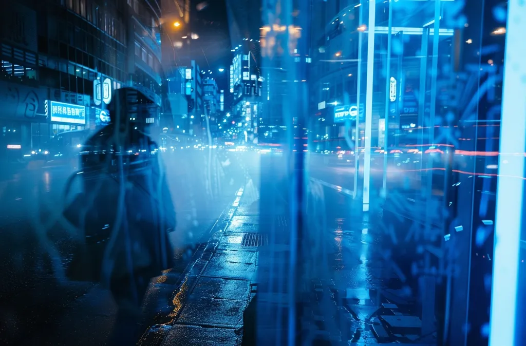 A blurry figure walks down a wet city street, illuminated by blue neon lights. The scene is viewed through a glass pane, reflecting the vibrant lights and creating a dreamlike atmosphere.  The city's skyline and passing cars are barely visible through the rain-streaked window. The image evokes a sense of solitude and urban anonymity.