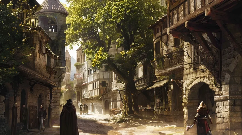 A cobblestone street winds through a medieval town, lined with stone buildings and arched doorways. A large tree provides shade, its branches reaching towards the sky.  People walk through the town, their clothing suggesting a time long past. The scene is peaceful, with an air of mystery and intrigue.