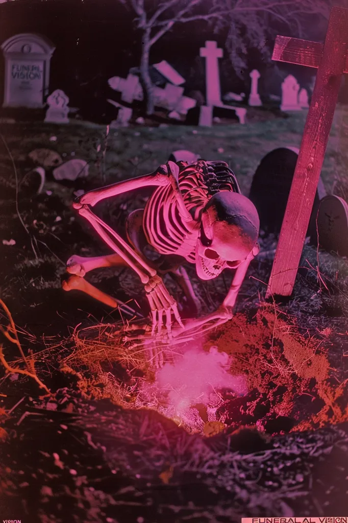 A skeletal figure kneels in a graveyard, illuminated by an eerie pink light. The figure appears to be digging into the ground, with smoke emanating from the hole. The background is obscured by a dark, grainy texture and the silhouettes of headstones.  A wooden cross stands tall, adding to the macabre atmosphere. The image evokes a sense of mystery and the unknown.
