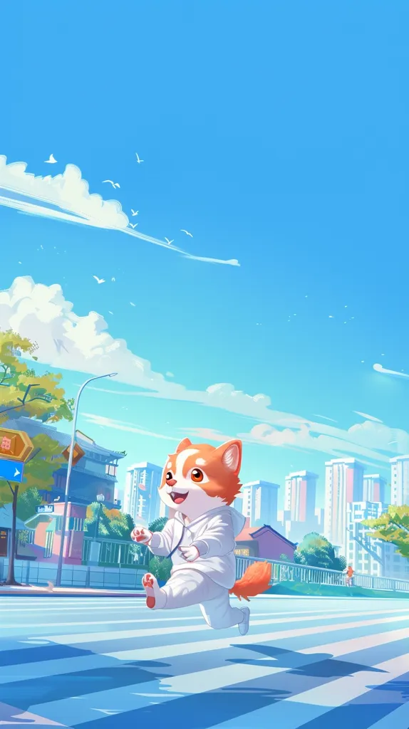 A cartoon dog in a white hoodie with orange fur is running across a crosswalk. The dog is smiling and looks happy.  The background is a sunny city street with blue sky and white clouds. There are several buildings and trees in the background.