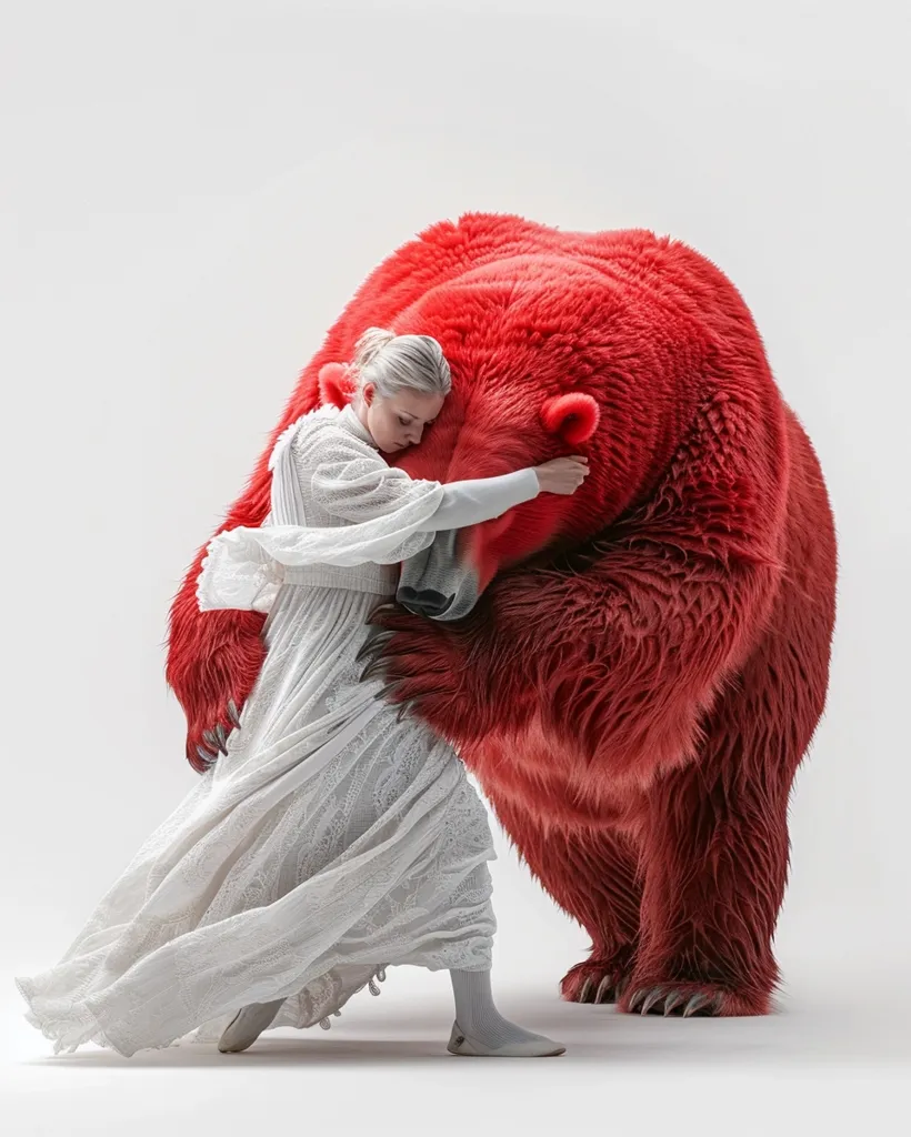 A woman in a white flowing dress is walking away from a large, red bear. The bear is standing to the right of the woman and appears to be looking down at her. The woman is slightly hunched over, as if she is trying to avoid the bear's gaze. The background is white. The image suggests a sense of loneliness and isolation.