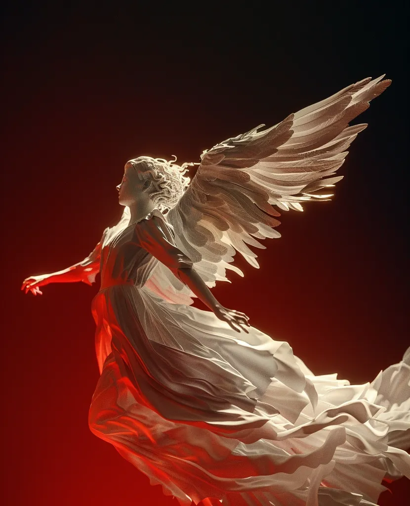 A white, ethereal angel with flowing wings and a long, flowing gown soars through the air against a deep red background. The angel's wings are feathered and detailed, and the gown is billowing behind her, creating a sense of movement and grace. The contrast between the white of the angel and the red background creates a striking visual effect.  The scene evokes a sense of spiritual power and beauty.