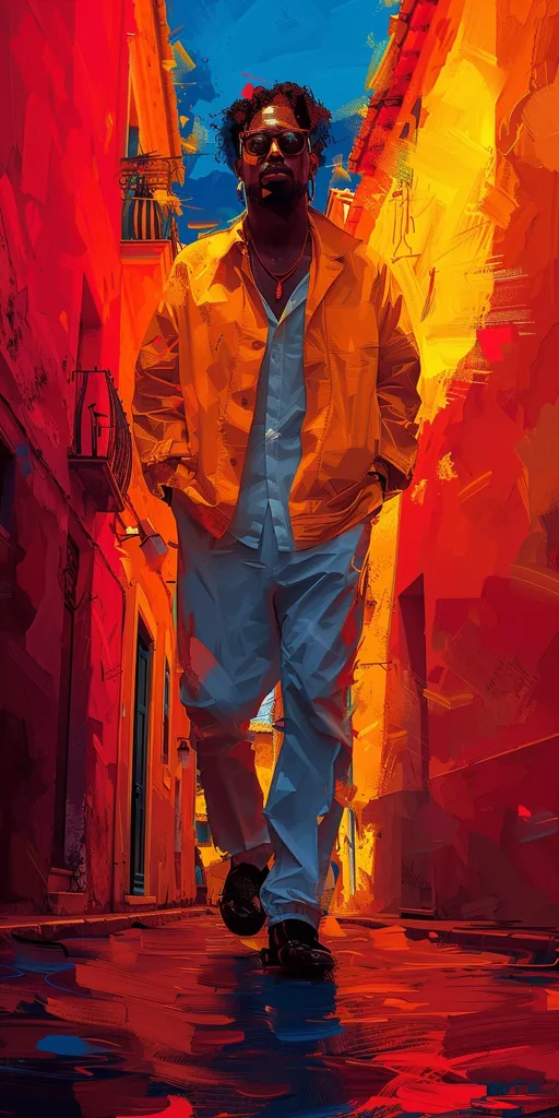 A man wearing a yellow jacket and blue jeans walks down a narrow alleyway. The walls of the alley are painted in a vibrant orange and red. The man's face is obscured by sunglasses, and he looks forward with a serious expression. The image has a painterly style, with bold strokes and contrasting colors.  The overall mood is mysterious and slightly menacing.