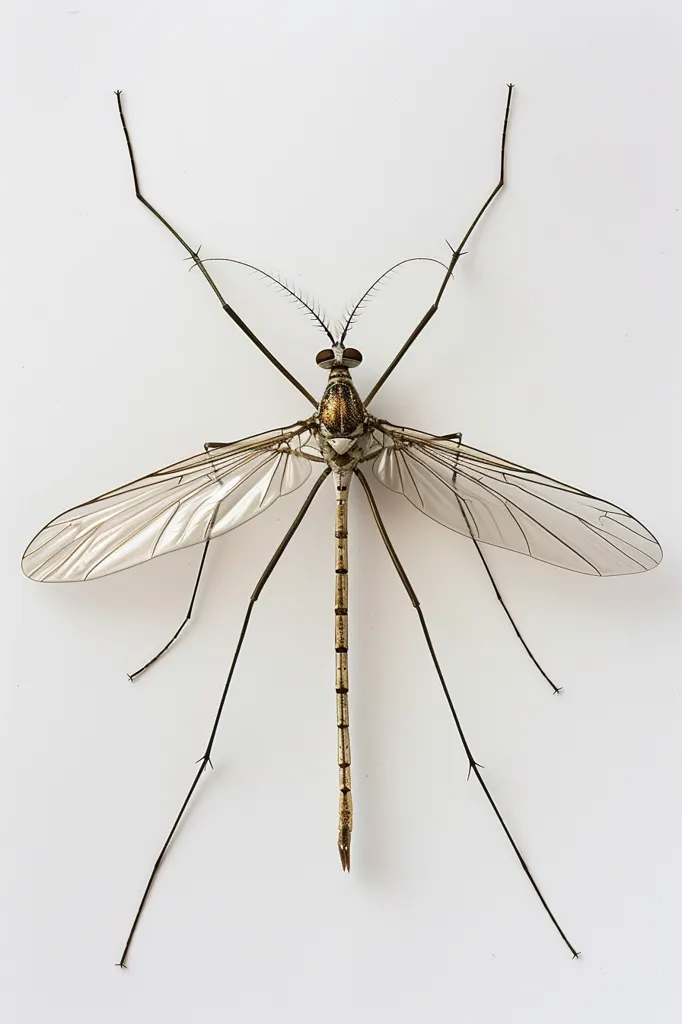 A large, slender insect with long, thin legs and translucent wings. It has a segmented body and a pair of large compound eyes. The insect is resting on a white surface. The insect's body is brown and black, and its wings are clear. It's an interesting contrast between its thinness and its long legs.