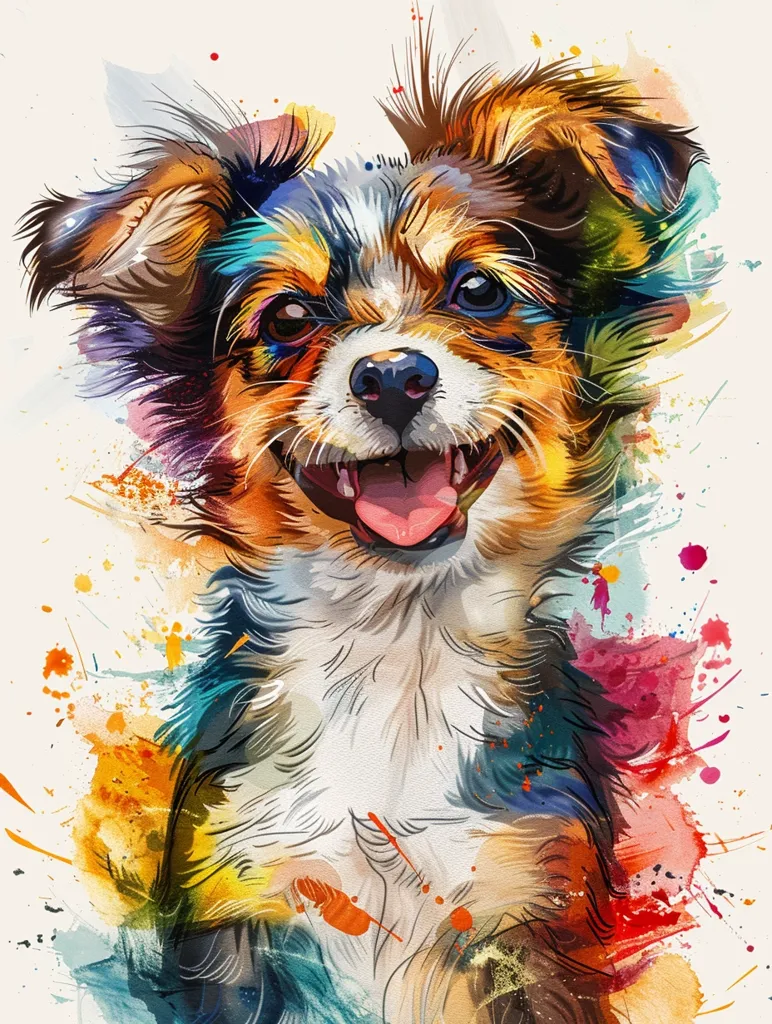 A colorful, abstract painting depicts a small, brown and white dog with a happy expression. The dog's fur is rendered in a mix of vibrant hues, while splashes of paint create a dynamic background. The dog's tongue is sticking out, and its eyes are wide with joy. The painting captures a sense of energy and playfulness.
