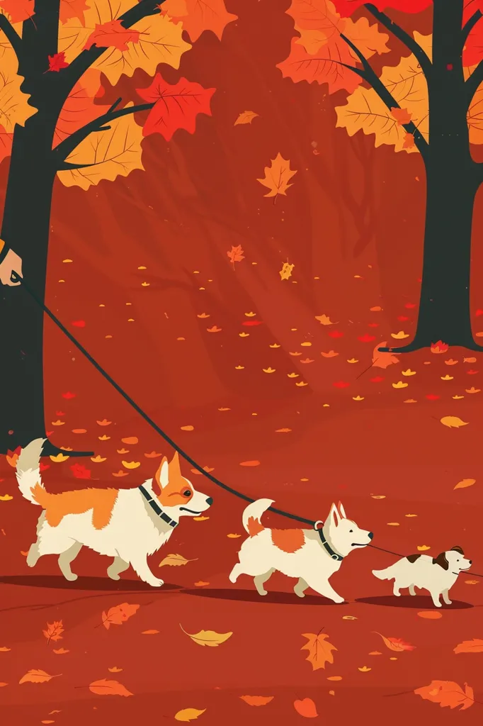 A person walks three dogs on a leash through an autumnal forest. The trees are bare and the ground is covered in red and orange leaves. The dogs are all white with brown patches. The scene is peaceful and idyllic.