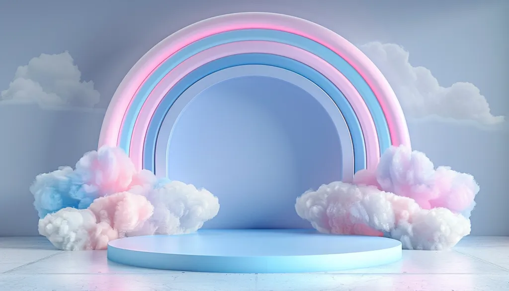 The image depicts a pastel blue and pink rainbow arch with a circular platform in front. Fluffy, cotton-candy-like clouds surround the base of the arch, creating a whimsical and dreamy scene. The background is a soft, light blue, adding to the ethereal atmosphere.  The overall aesthetic is playful and childlike, with a focus on soft and delicate colors.