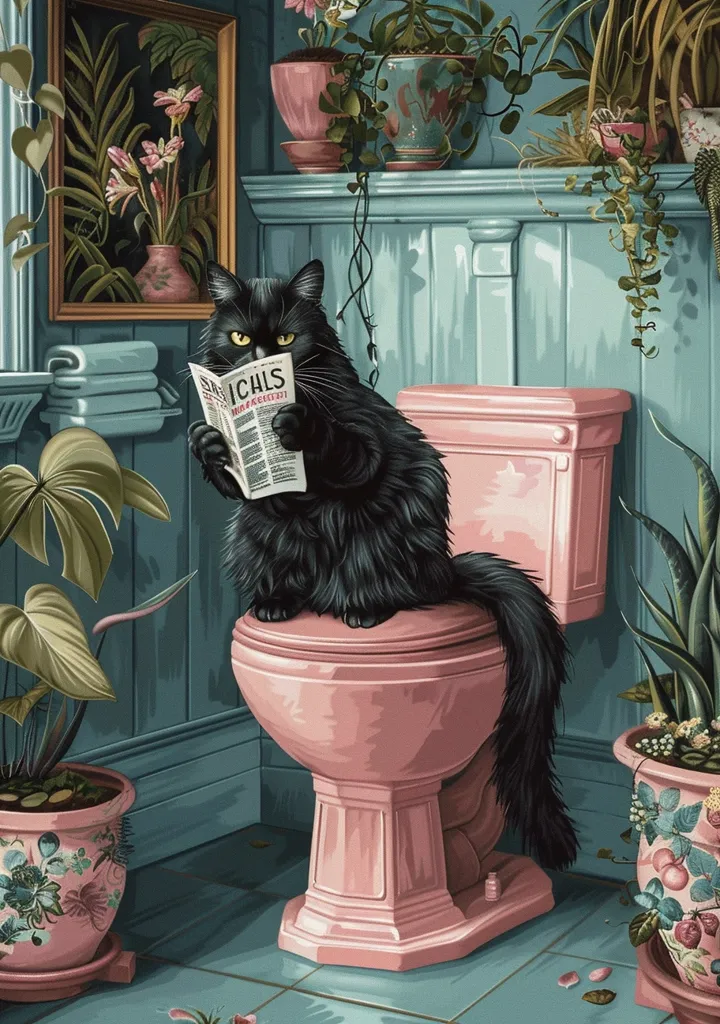 A black cat sits on a pink toilet, reading a newspaper. The bathroom is decorated with green plants and blue walls. The cat's tail hangs down the side of the toilet, and the toilet seat is closed.  The cat seems to be very engrossed in its reading.