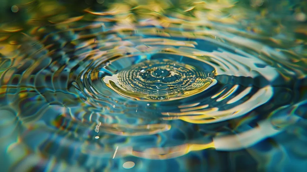 The image shows a close-up of a water droplet impacting the surface of a body of water. The water ripples outwards in concentric circles, creating a mesmerizing pattern of blue, green, and yellow hues. The light reflects off the surface of the water, adding a shimmering quality to the image. The background is blurred, creating a sense of depth and focus on the ripples. The overall effect is serene and tranquil.
