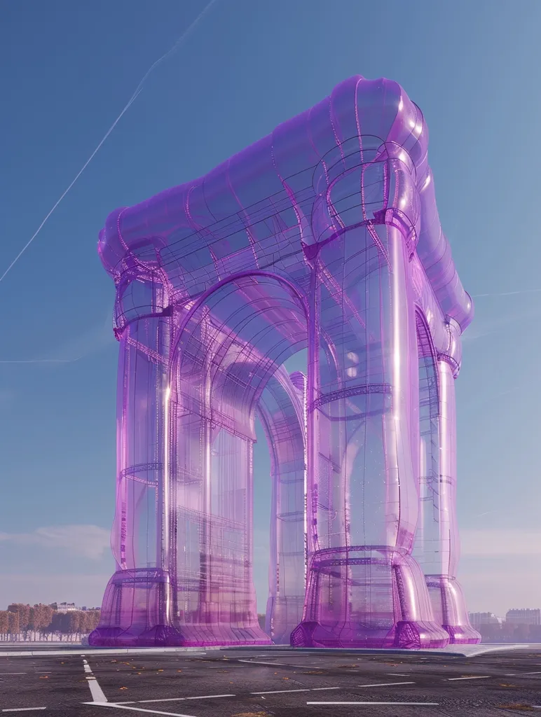 A large, translucent, purple archway stands in an open area. Its structure resembles a traditional arch, but the material is clear, like plastic or glass, and appears inflated. The archway is surrounded by a concrete and asphalt surface, with trees in the background. The sky is a pale blue with a hint of pink.  The composition is simple and the colors are muted, giving the image a surreal feel.