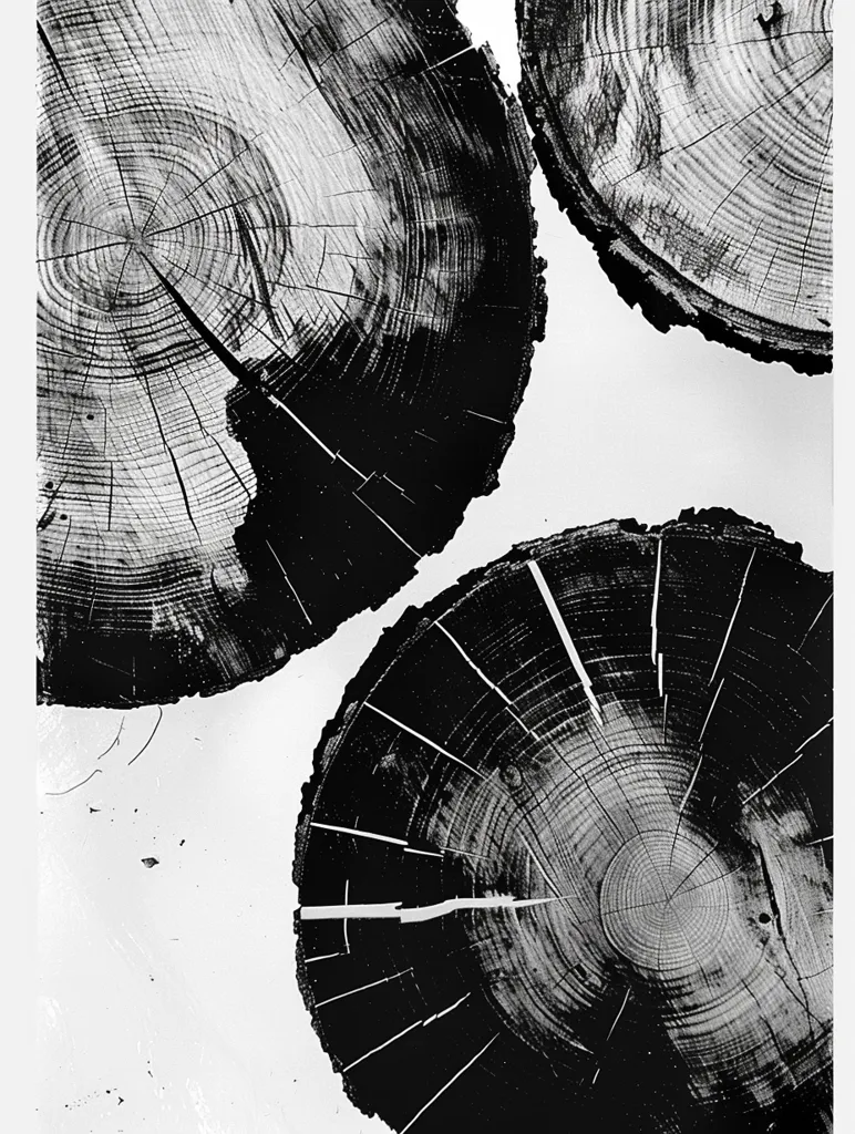 The image shows three black and white cross-sections of tree trunks, arranged in a triangular pattern against a white background. The grain patterns are clearly visible, revealing the rings that indicate the age of the trees. The image has a simple, minimalist aesthetic, highlighting the beauty of nature's patterns.