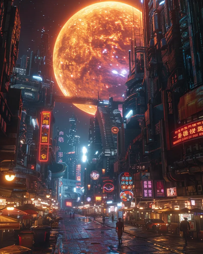 A futuristic cityscape, bathed in the warm glow of a giant, orange moon. The streets are lined with towering buildings and glowing neon signs.  The sky is a dark blue canvas dotted with twinkling stars. A sense of wonder and awe fills the scene.
