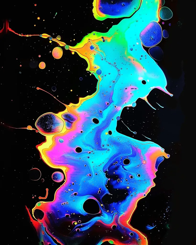 The image is an abstract painting with a vibrant, psychedelic color scheme. It features a large, flowing blob of liquid that appears to be made up of various colors including blue, green, yellow, and pink. The background is a dark black, and there are many smaller droplets of liquid scattered around the main blob. The overall effect is one of energy and movement. The image is reminiscent of a cosmic nebula or a kaleidoscopic dream.