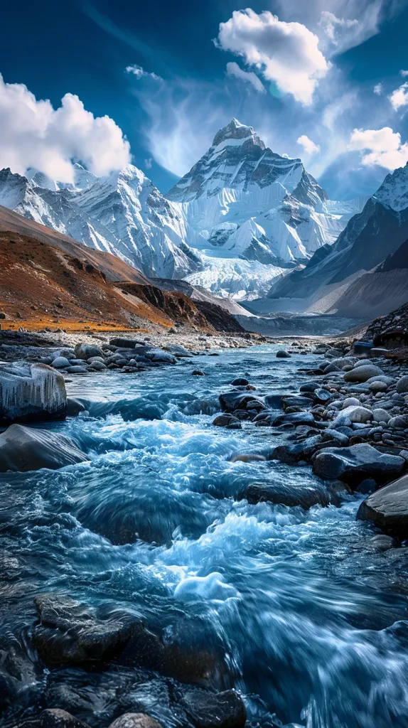 A powerful river rushes through a valley surrounded by snow-capped mountains. The water is a vibrant blue, swirling around smooth, gray rocks. Fluffy white clouds drift across a deep blue sky, adding a sense of serenity to the dramatic landscape. The image captures the awe-inspiring beauty of nature's power and tranquility.