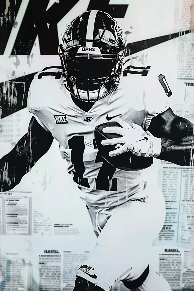 The image is a black and white photograph of a football player in action. The player is wearing a helmet, a jersey, and gloves. The player is running with the ball in their hand, and the image is captured in mid-motion. The player is surrounded by a newspaper background, adding a sense of texture and contrast. The photo captures the intensity and dynamism of the sport.