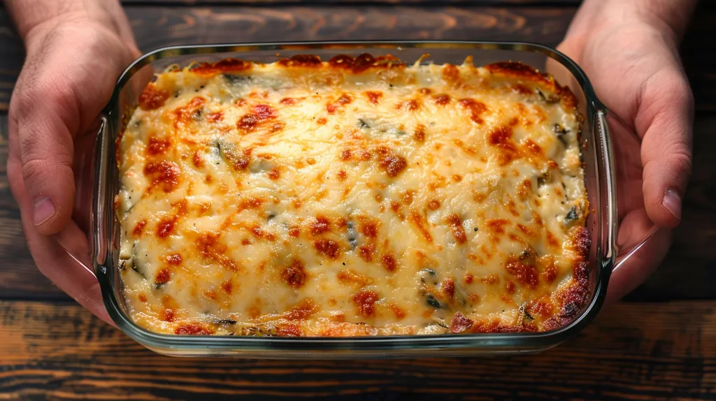 A glass baking dish filled with a creamy, cheesy casserole is held by two hands. The casserole has a golden-brown crust and is likely made with a combination of vegetables and cheese. The dish rests on a rustic wooden surface. The image focuses on the delicious, homemade dish and the hands that carefully hold it.