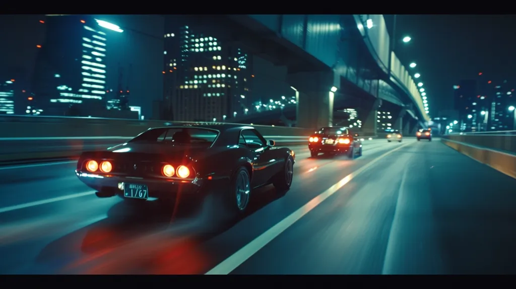 A black classic muscle car speeds down a city highway at night. The car's taillights glow brightly, and the city lights create a blue glow. A city skyline is visible in the background, and other cars drive in the distance. The image evokes a sense of speed and excitement.