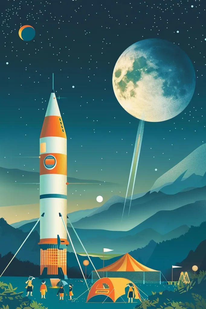 The image depicts a large rocket standing tall against a night sky dotted with stars and a large, luminous moon. The rocket is anchored to the ground with four cables, and a small group of children stand nearby, looking up at the spacecraft with wonder. A large, colorful tent stands to the right of the rocket, suggesting a scene of anticipation and excitement for a journey into space. The image evokes a sense of childhood dreams and aspirations for adventure.