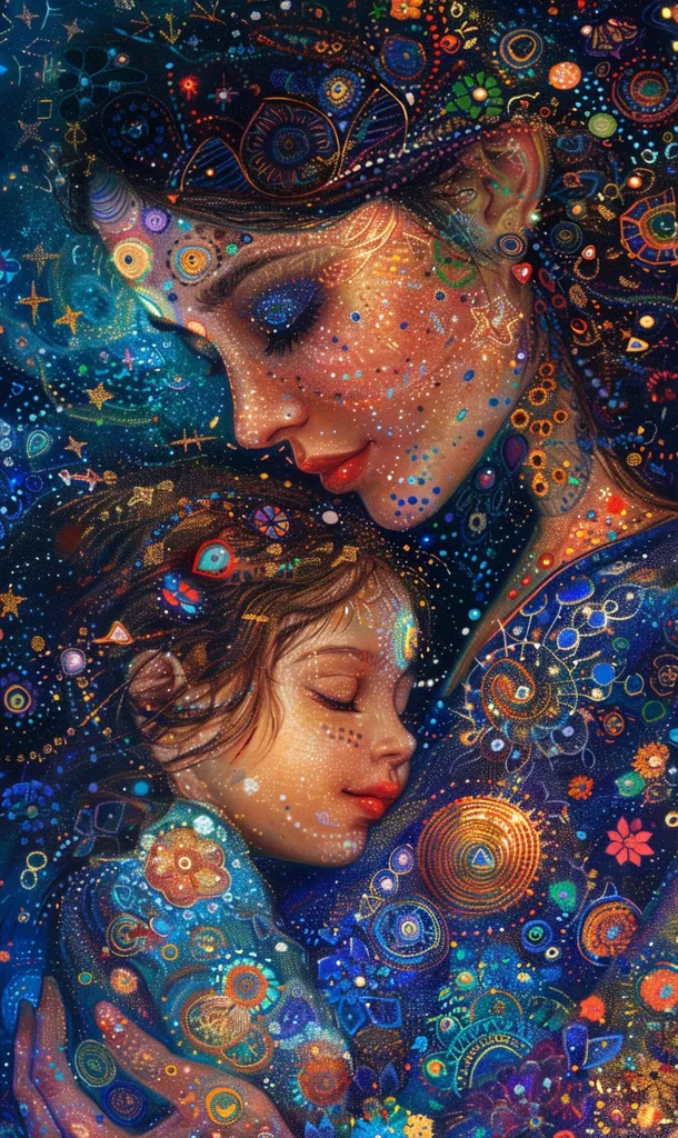 The image depicts a woman with dark hair and sparkling skin, holding a younger girl in a protective embrace.  Their faces are close, with the woman looking down at the girl lovingly. Both faces are decorated with intricate patterns of colorful circles, dots, and floral designs, set against a dark blue background that is filled with a myriad of glittering sparkles. The overall effect is one of warmth, tenderness, and a sense of magical beauty.