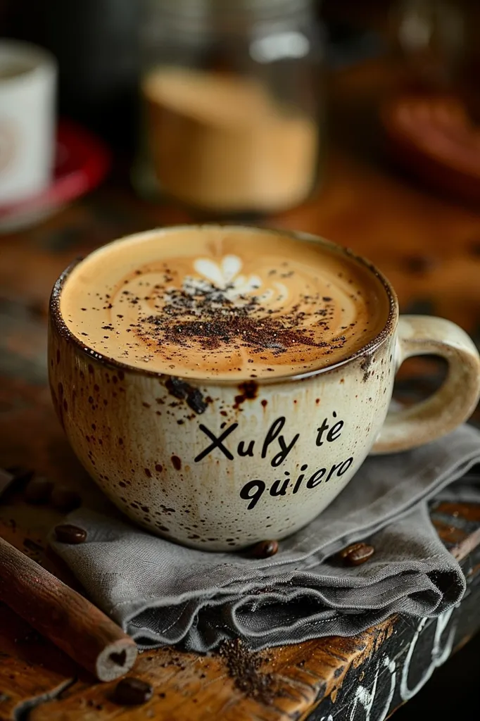 A close-up shot of a mug filled with a steaming cup of coffee. The mug is decorated with brown and white speckles and the words "Xuly te quiero" are written on the side. The coffee has a beautiful latte art design and is topped with a sprinkle of cinnamon or cocoa powder. The mug is sitting on a rustic wooden surface with a grey cloth napkin and a few coffee beans scattered around it. The image conveys warmth, comfort, and a sense of cozy relaxation.