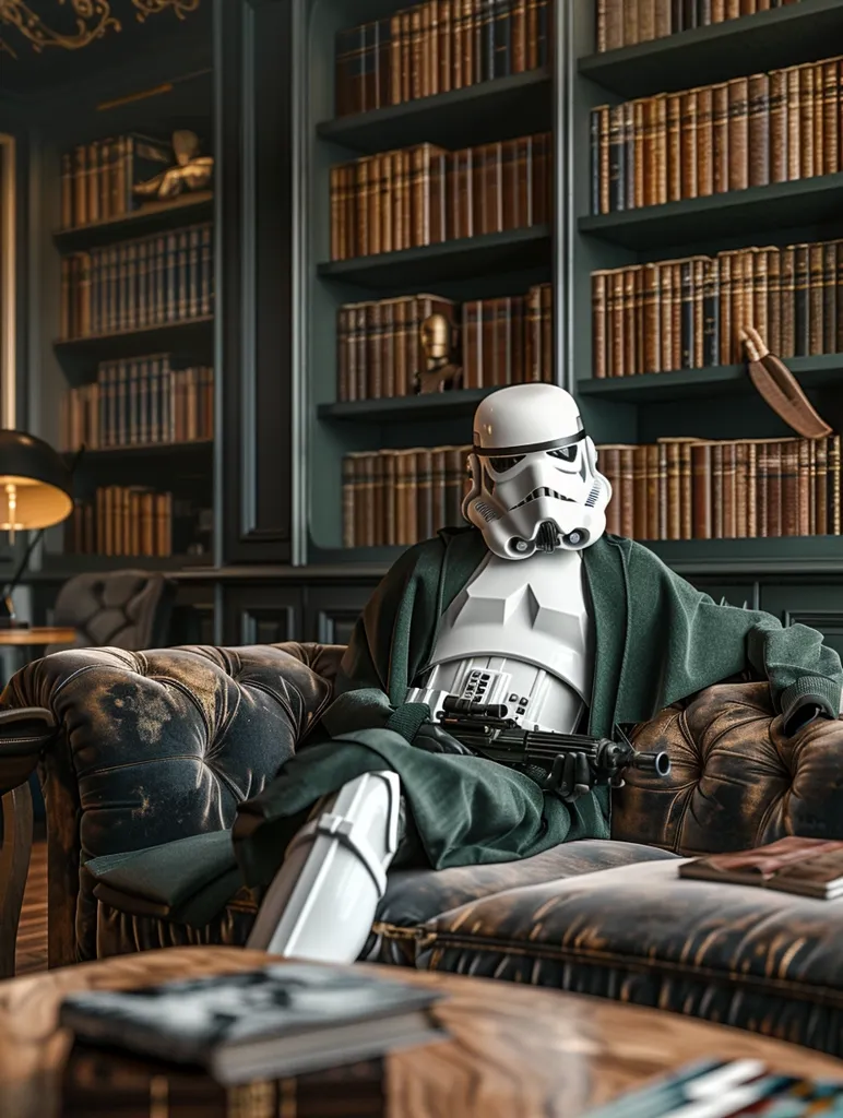 A Stormtrooper, dressed in a green robe, relaxes on a leather couch in a grand library. The room is filled with bookshelves overflowing with leather-bound volumes. The Stormtrooper holds a blaster rifle in his lap. The scene is a juxtaposition of the futuristic and the classic, suggesting a story of conflict or unexpected peace. The image creates a sense of intrigue and mystery.