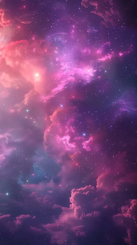 A deep purple sky is dotted with countless stars, creating a celestial tapestry. Swirling clouds of pink and purple add depth and dimension to the scene, suggesting a vast and mysterious cosmic landscape. The image evokes a sense of wonder and awe at the beauty of the night sky.