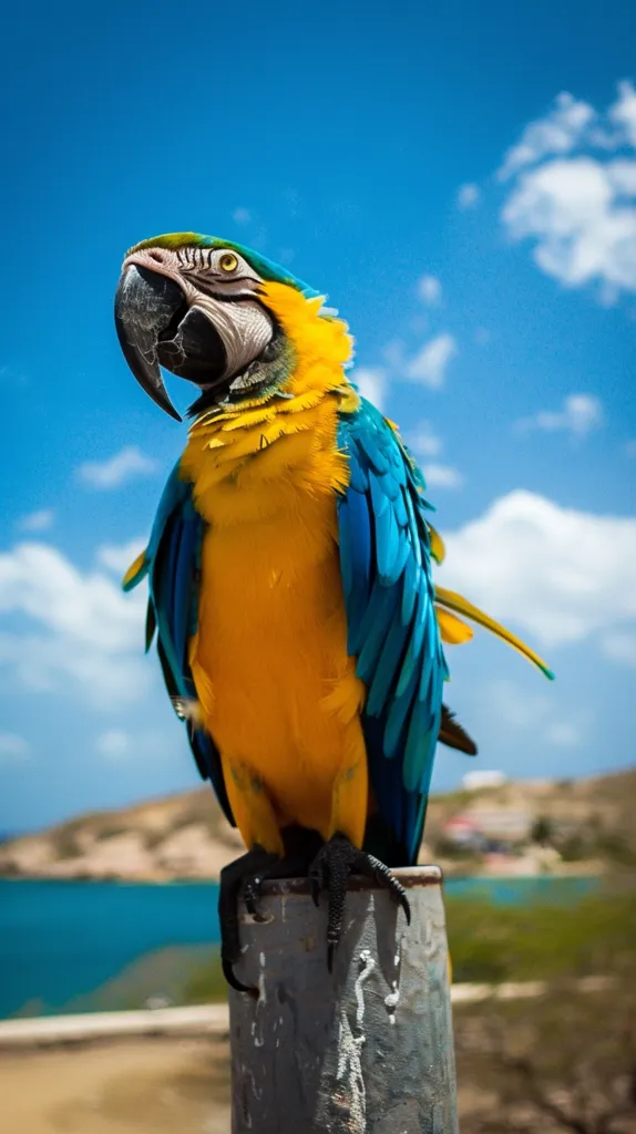 A vibrant blue and yellow macaw perches on a weathered metal post against a backdrop of a blue sky and a body of water.  The bird's bright plumage contrasts with the muted tones of the surroundings, creating a striking visual.  The macaw's head is turned slightly, its intelligent gaze capturing the viewer's attention.  The scene evokes a sense of tranquility and beauty in the natural world.