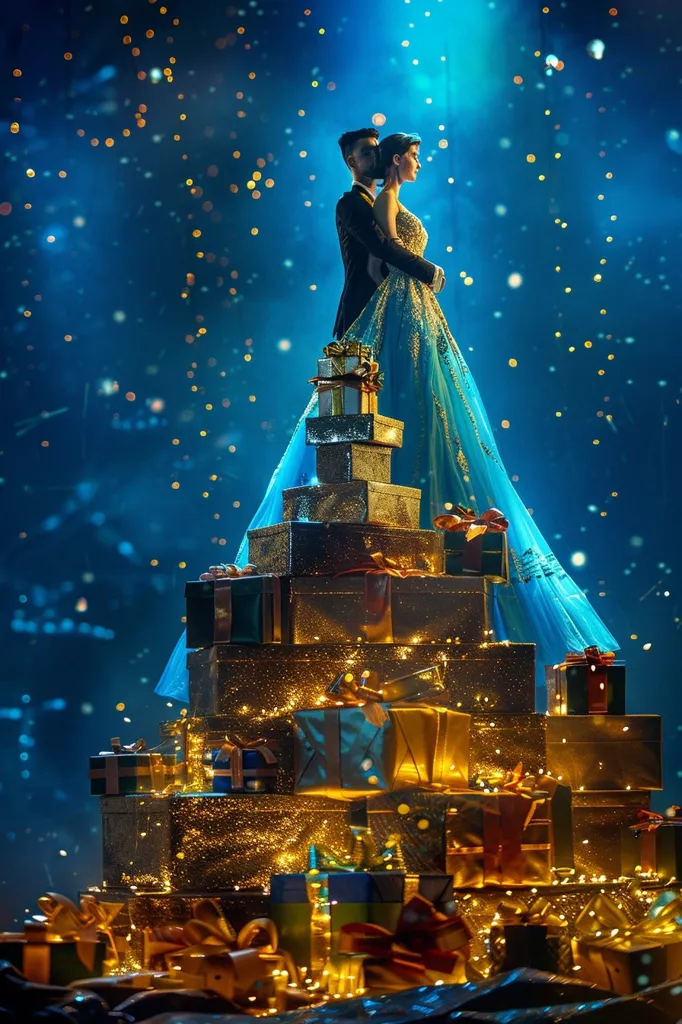 A couple in elegant attire stands atop a towering stack of golden gift boxes illuminated by warm, twinkling lights. The woman wears a flowing blue gown, and her partner holds her close as they gaze into the distance. The scene is magical and evokes a sense of wonder and celebration. Tiny white specks fill the air, adding to the enchanting atmosphere.
