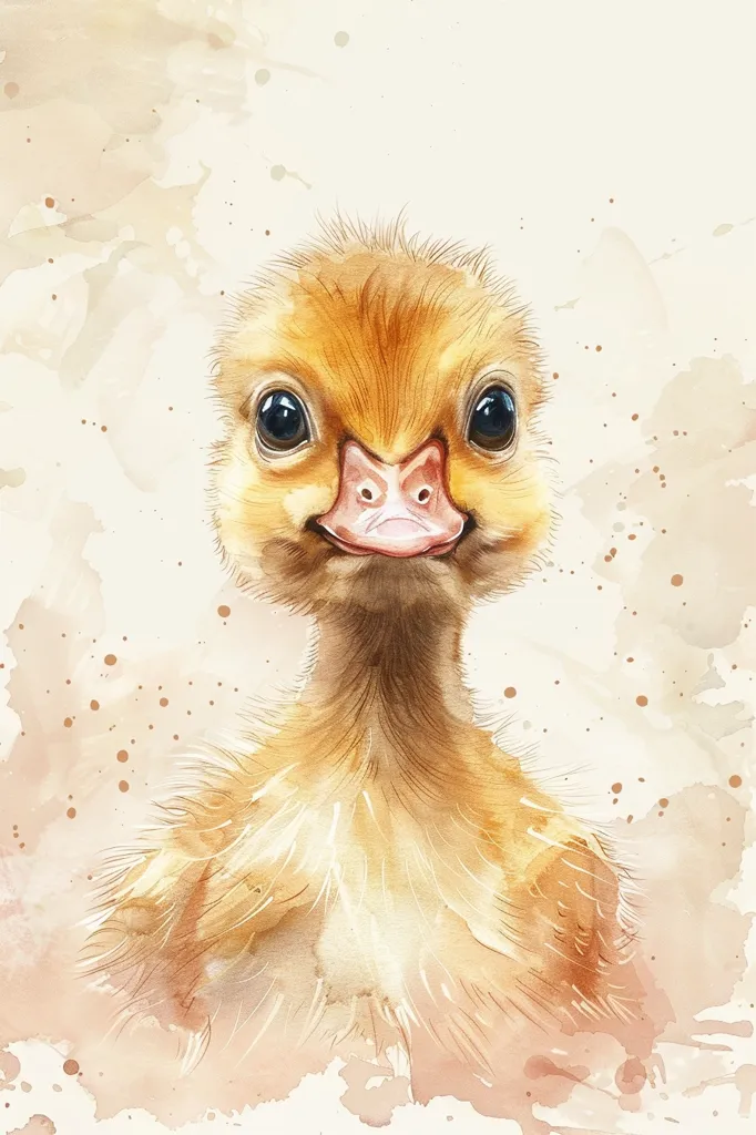 A watercolor painting of a baby duckling. The duckling has soft, yellow feathers and big, dark eyes. Its beak is a pale pink, and it has a sweet, innocent expression on its face. The background is a light wash of brown, giving the painting a soft, dreamy feel. The duckling is the focal point of the painting, and its cuteness is accentuated by the light, airy background.