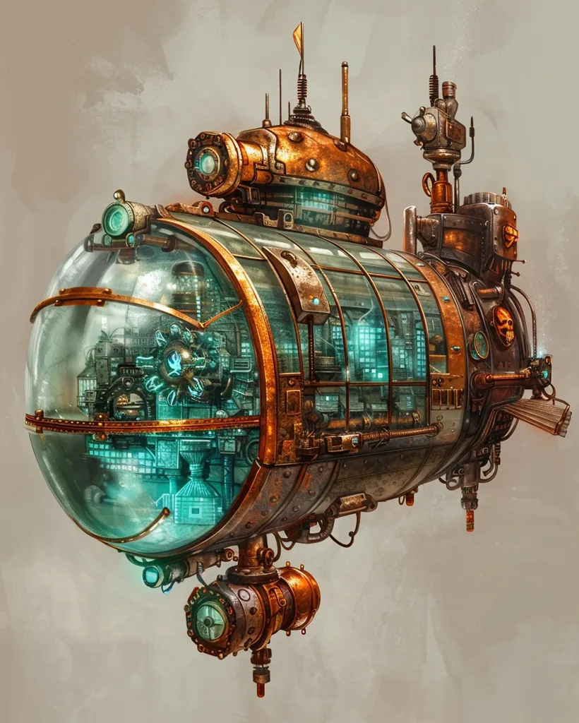 A steampunk submarine with a rounded, glass-enclosed main body, intricate brass and copper detailing, and a multitude of pipes and gears. It has a small, domed control room, a large porthole on the side, and a series of smaller windows. The submarine is depicted in mid-flight, with a sense of motion and energy. Its sleek lines and intricate details evoke a sense of wonder and adventure.