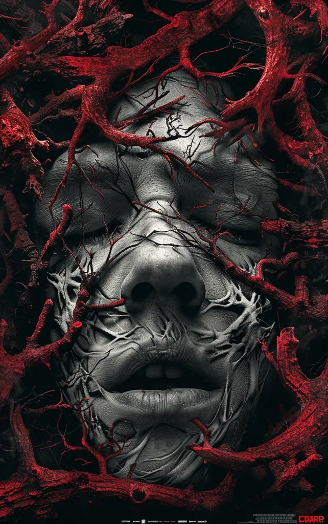 The image depicts a close-up of a human face partially obscured by red, gnarled branches. The face is pale and expressionless, with closed eyes and a slightly open mouth. The branches create a sense of entrapment and evoke a feeling of unease or horror. The stark contrast between the red branches and the pale skin creates a visually striking and disturbing effect.