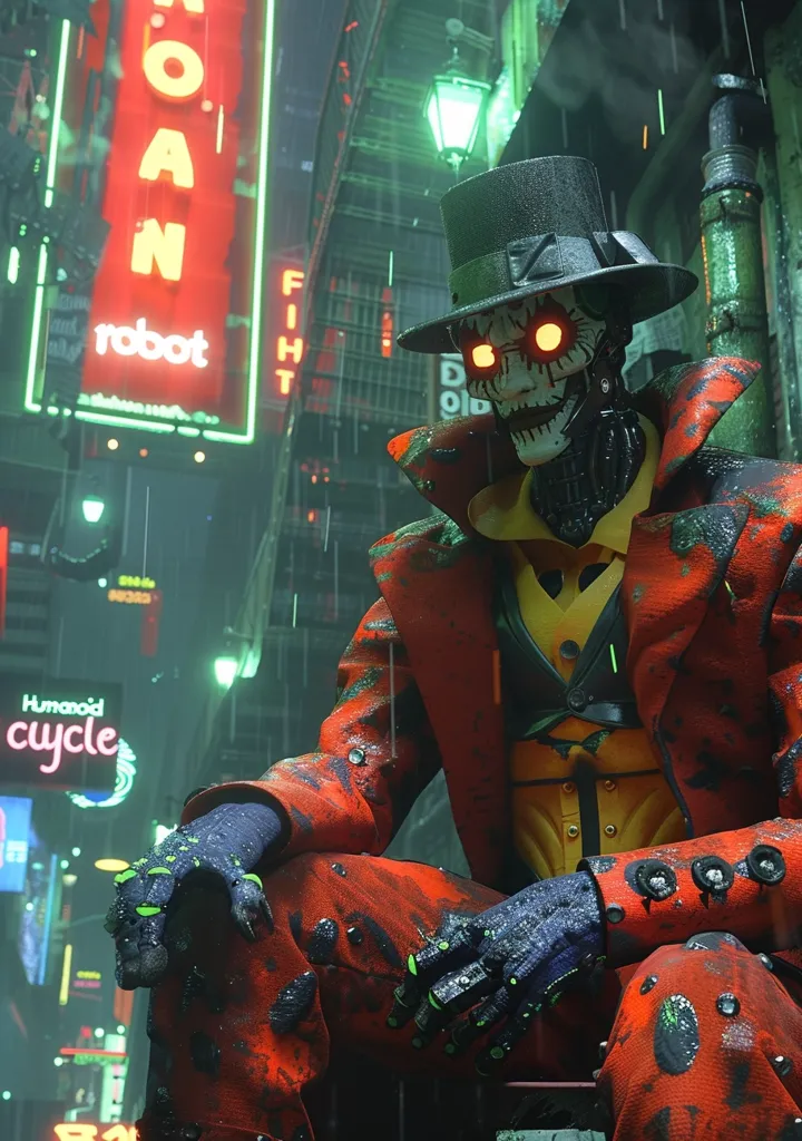 A robotic figure, wearing a red suit and top hat, sits in a cyberpunk city. The figure has glowing orange eyes and a metallic skull-like face. Rain falls on the figure and neon signs illuminate the background. The signs advertise "robot" and "humanoid cycle".  The city's dark and gloomy atmosphere enhances the sense of dystopia.