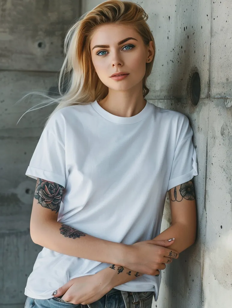 A young woman with long blonde hair is wearing a white t-shirt and blue jeans. She has tattoos on her arms and is leaning against a concrete wall. She is looking directly at the camera with a serious expression. Her hair is slightly windblown, and she is wearing a simple white shirt. The image is shot in a close-up, and the focus is on the woman's face and arms.  She appears to be confident and comfortable in her own skin.