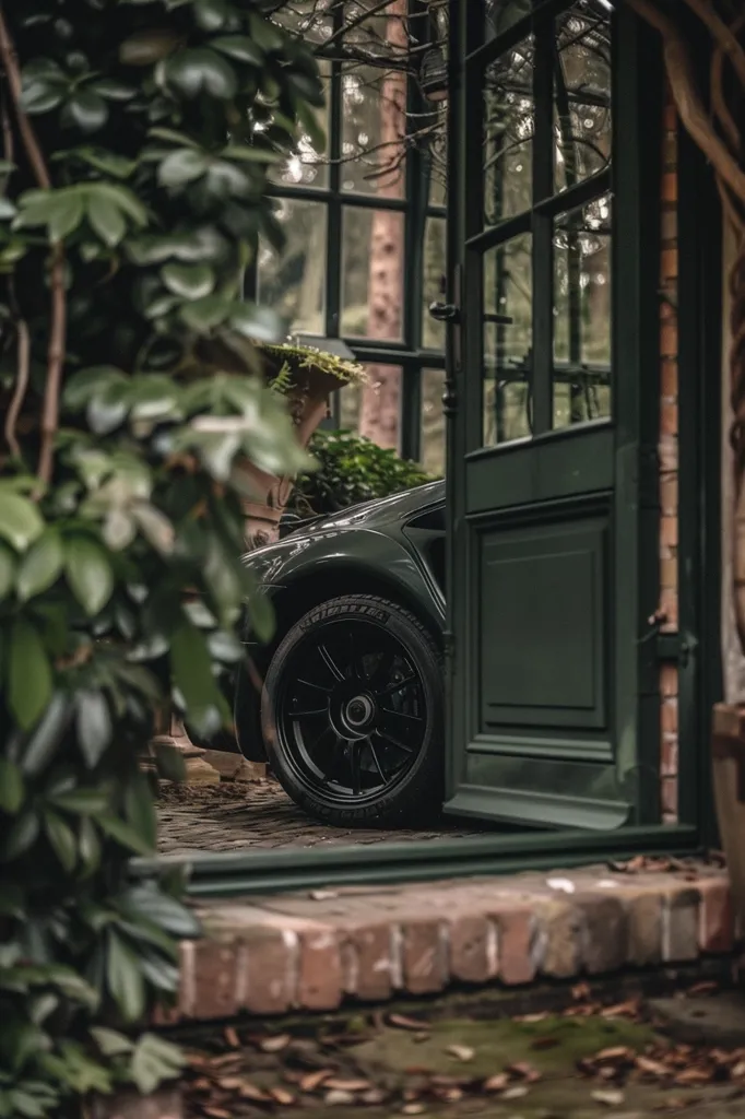 A black car is parked outside a green door. The car is partially obscured by lush green foliage, with only its rear tire and a glimpse of the bodywork visible. The door is made of wood and has a glass panel, showcasing the surrounding garden. The scene is bathed in a soft, natural light, creating a moody and atmospheric feel.