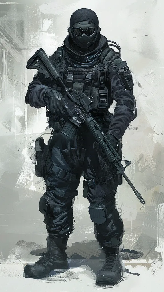 A soldier, clad in black tactical gear, stands against a grey, weathered backdrop. His face is obscured by a black helmet and goggles, and he holds a rifle in his gloved hands. The image is stylized, with loose brushstrokes and a focus on the figure's silhouette. The overall mood is one of preparedness and anticipation.