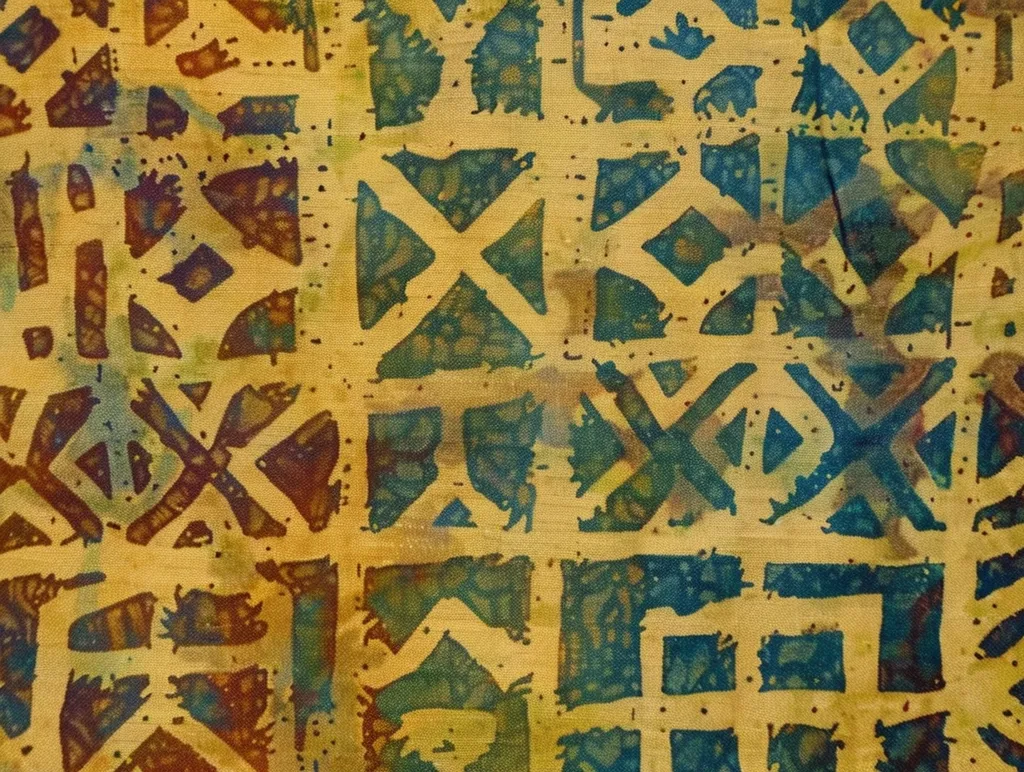 The image shows a close-up of a fabric with a repeating pattern of geometric shapes in shades of blue, brown, and yellow. The pattern appears to be created using a batik technique, where wax is applied to the fabric before dyeing, creating a resist effect. The overall effect is one of intricate detail and a slightly rustic, handcrafted quality.  The background color is a pale yellow, with the shapes overlapping each other in a seemingly random but organized way. The fabric has a slightly textured surface, adding to its tactile appeal.