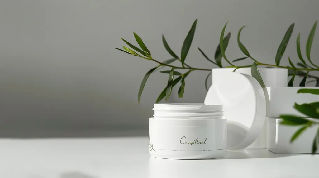 A white jar of moisturizer with the word "Confident" written on it sits on a white surface. A leafy branch extends from the left side of the frame to the right, with its leaves partially obscuring a white box and a larger white cylinder. The scene is bathed in soft, natural light. The minimalist aesthetic emphasizes the clean lines and simple beauty of the products.