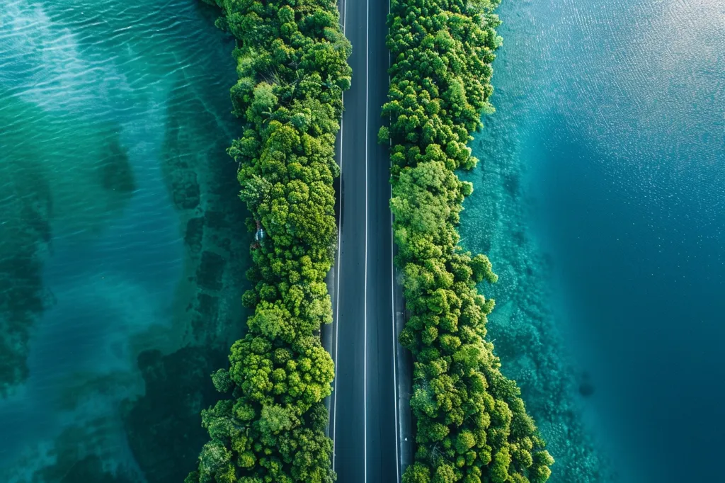 An aerial view of a long, straight road dividing two stretches of turquoise water. Lush green trees line the road on either side, creating a vibrant contrast with the deep blue water. The scene is peaceful and tranquil, capturing the beauty of nature from a unique perspective.