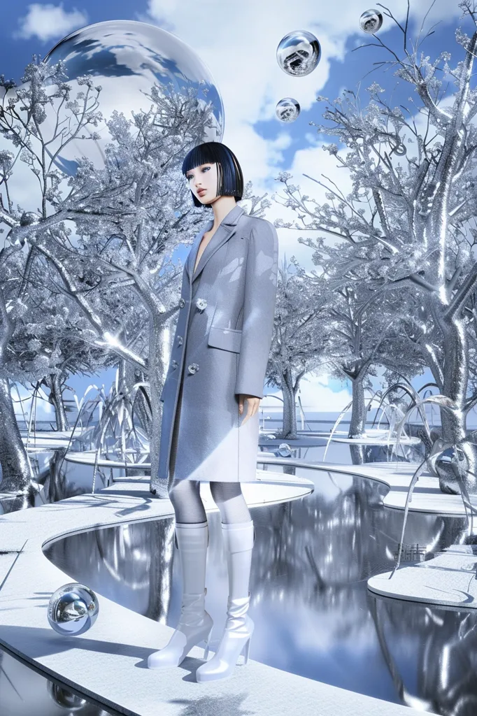 A woman with black hair and a gray coat stands in a surreal, icy landscape. She wears tall, white boots and stares straight ahead. The scene is dominated by silver trees, reflective surfaces, and large, floating orbs. The sky is a pale blue, and the overall atmosphere is one of cool serenity.