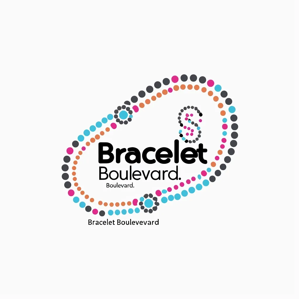 The image is a logo for a company called "Bracelet Boulevard". The logo is a stylized representation of a bracelet made of dots in various colors, including blue, pink, orange and grey. The word "Bracelet" appears in bold black font on top of the word "Boulevard." The company name, "Bracelet Boulevard", is written below the logo. The logo is clean and simple, and it is eye-catching due to its use of color and shape.  The logo conveys the idea of fashion and jewelry.