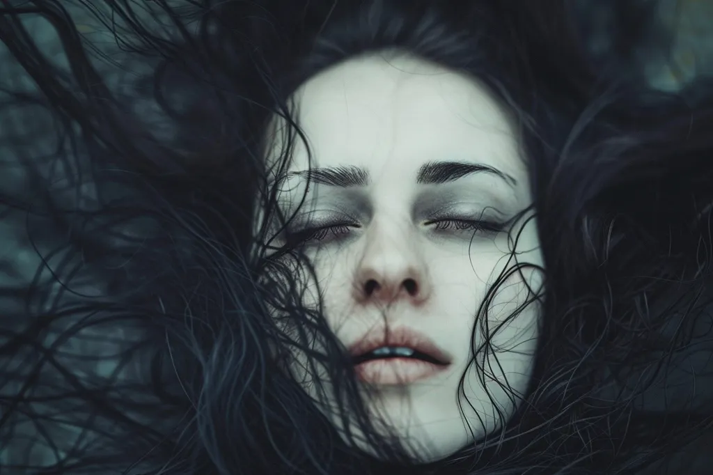 A close-up image of a woman with long, dark hair lying on her back. Her eyes are closed, and her face is obscured by her hair. The lighting is dim and the colors are muted, creating a somber and mysterious atmosphere. The image evokes a sense of melancholy and introspection.