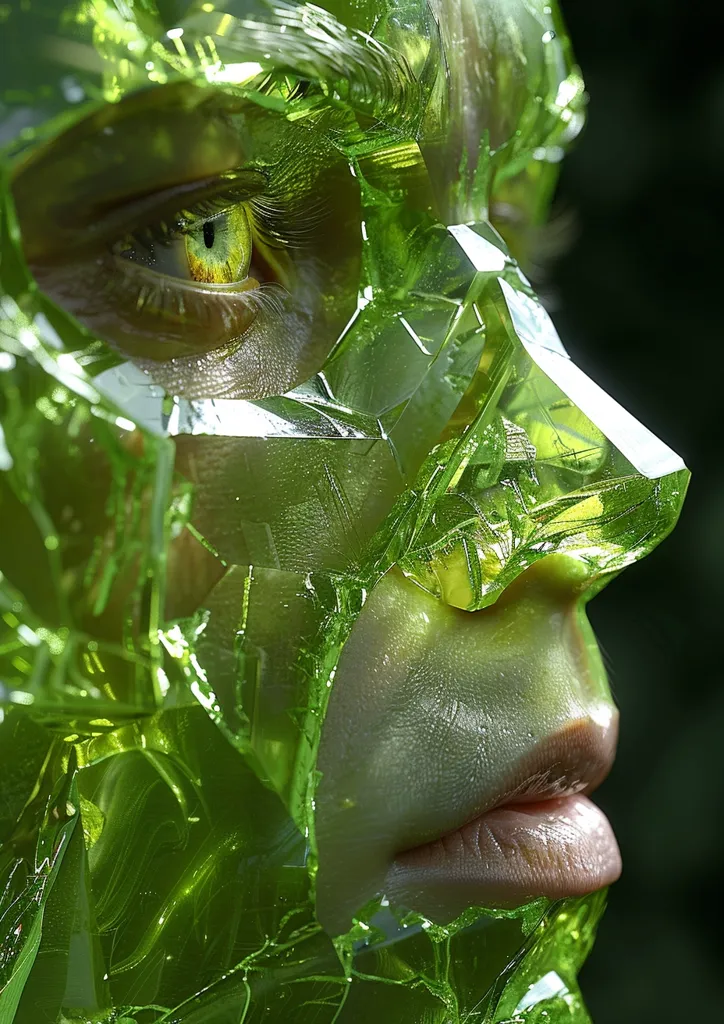 A close-up shot of a person's face obscured by shattered green glass. The glass creates a mosaic effect, with sharp edges and refracted light.  Only one eye is visible, with a yellow iris peering through the shards. The person's lips are slightly parted, hinting at a sense of mystery or unease. The overall effect is both beautiful and unsettling.