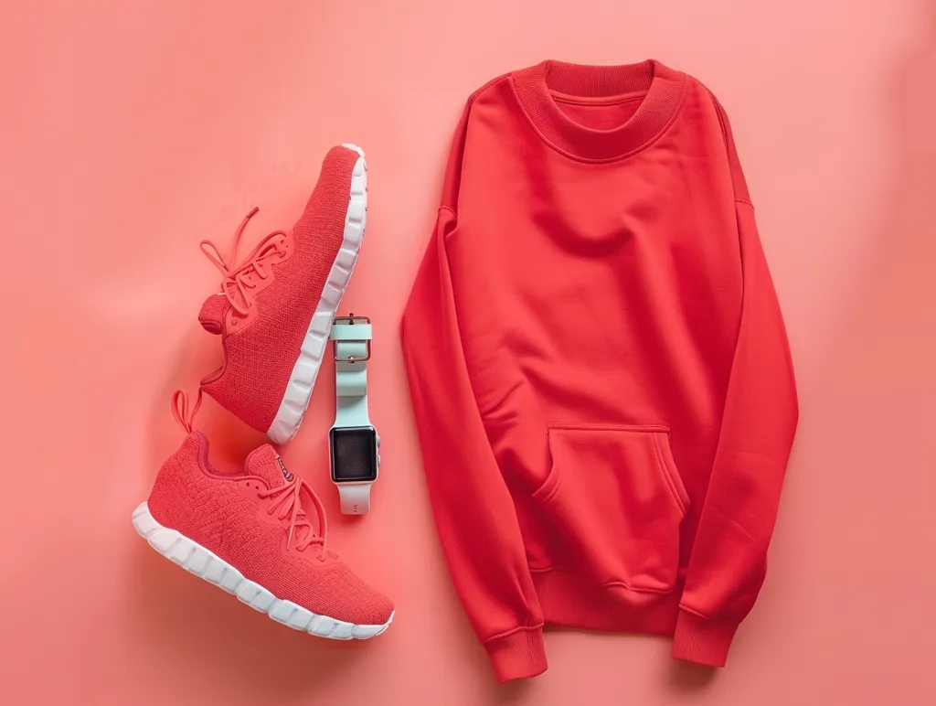 A red sweatshirt with a kangaroo pocket lays on a pink surface. Next to it are a pair of red athletic shoes with white soles and a light blue smartwatch.  The image is a flat lay.