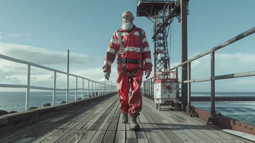 A man in a red and white jumpsuit and a safety harness walks down a wooden pier. He has a long white beard and is wearing black work boots. The pier has white railings and overlooks the ocean. A small white cart is parked on the right side of the frame. The sky is blue with some white clouds.
