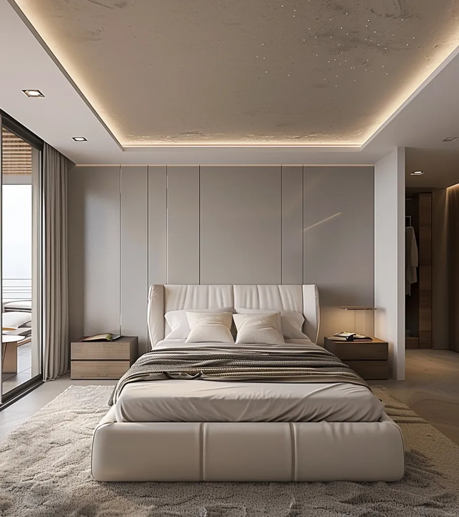 A modern bedroom with a white leather bed and a plush rug. The room is decorated with minimal furniture and a light grey color palette. The ceiling has a unique design with a subtle starry pattern and recessed lighting. The room has large windows overlooking a balcony with a view.  The overall design is simple, elegant, and inviting.