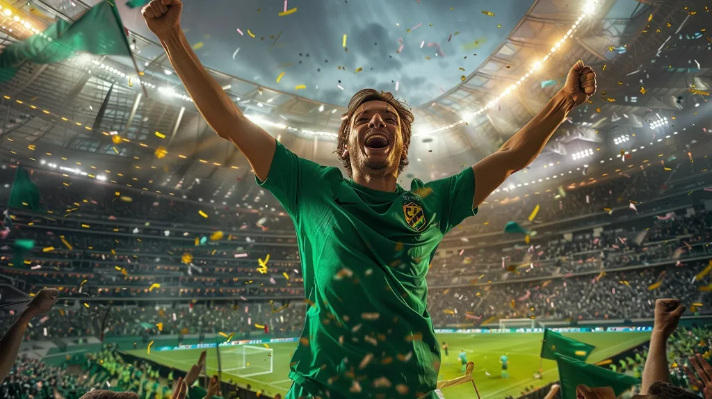 A soccer player wearing a green jersey celebrates a victory in a packed stadium. He is surrounded by confetti and cheering fans, with his arms raised in triumph. The lights of the stadium create a vibrant and celebratory atmosphere. The image captures the joy and excitement of a momentous win.