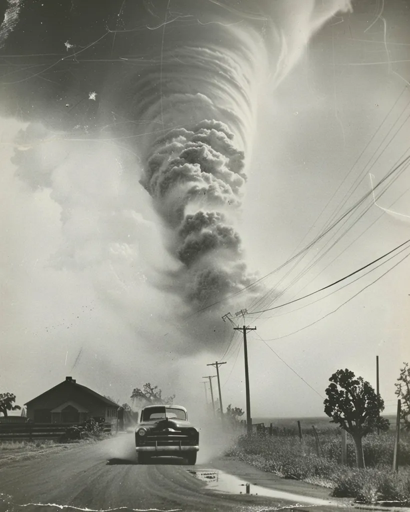 A black and white photograph of a tornado in the distance with a car driving on a dirt road in the foreground. There are power lines running across the image and a small house to the left of the car. The image is taken from a low angle, looking up at the tornado.  The sky is cloudy and the ground is dusty.